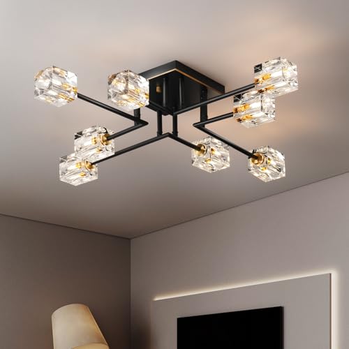 JUJUQI Modern Crystal Ceiling Light Black and Gold 8-Lights Semi Flush Mount Sputnik Chandelier,K9 Crystals Lighting Fixture for Living Room Dining Room Bedroom