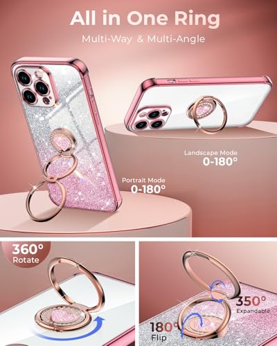 Image of XYZ for iPhone 14 Pro Max Back Cover Case with Stand, Phone Case with Double Ring Kickstand, Women Girls Bling Luxury Glitter Clear Phone Case Cover Heart for iPhone 14 Pro Max, Rose Gold
