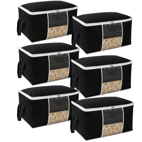 Image of Non-Woven Side Handle Underbed Storage Bags | Pack of 6 | Durable Foldable Organizer for Blankets, Comforters, Quilts & Seasonal Clothing | Dustproof, Moisture-Resistant Storage (Black)