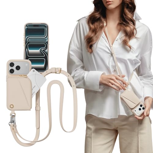 Étui portefeuille en cuir rose pour iPhone 17 Pro avec bandoulière