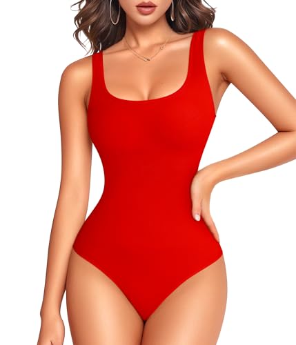 LODAY Red Bodysuit Women Scoop Neck Body Suits Sleeveless Double Lined Bodysuit Tank TopLarge Red