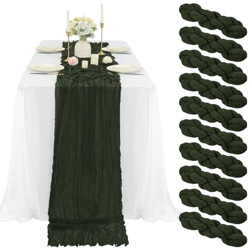 10 Pcs Hunter Green Cheesecloth Table Runner 10FT, Gauze Table Runner for Wedding Reception Sheer Bridal Shower Birthday Party Boho Table Decoration, Rustic Romantic Wedding Runner
