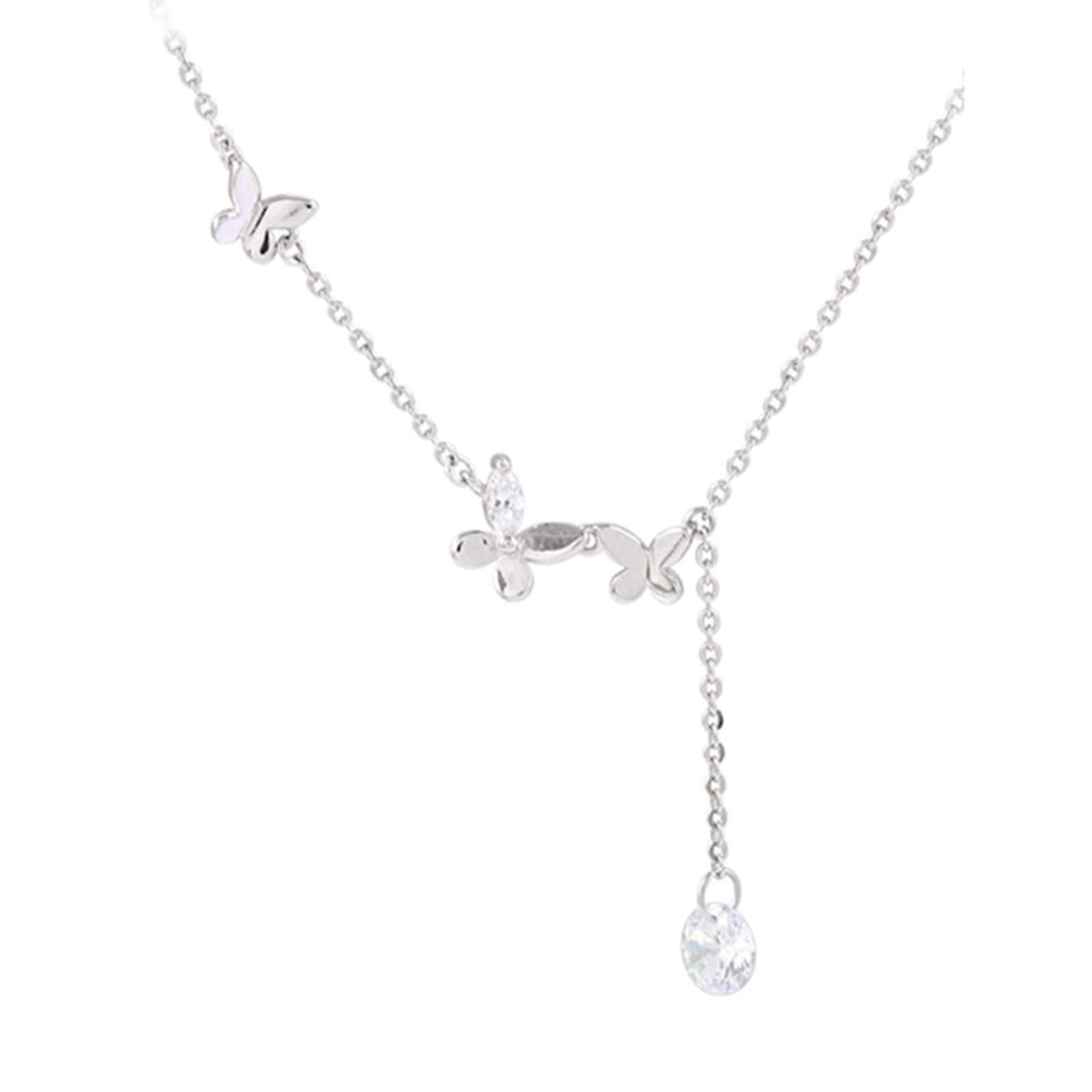 HCMA Silver Sparkling Zircon Butterfly Long Tassel Necklace Clavicle Chain Choker Necklace For Women The for women