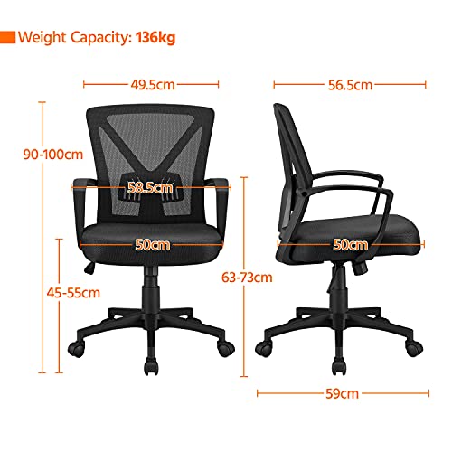 Image of Yaheetech Black Adjustable Office Chair Executive Computer Chair Mid-Back Ergonomic Desk Chair Office Swivel Mesh Chair with Armrest Back Support and Wheels for Home Study or Work Task