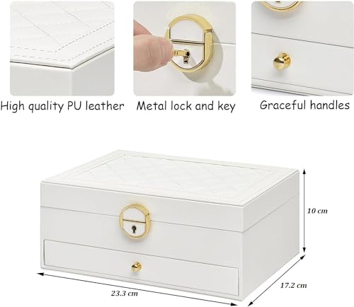 Image of KRISHYAM Jewelry Boxes for Women - 2-Layer Lockable Waterproof Leather Jewelry Box | Ideal for Rings, Bracelets, Earrings, Necklaces, Gifts, Watches (White)