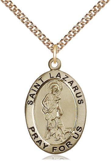 14kt Gold Filled St Lazarus Pendant on a 30 inch Gold Filled Heavy Curb Chain.
