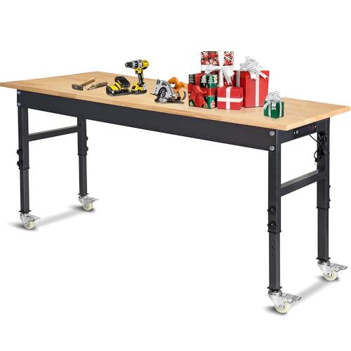 60' Adjustable Work Bench, Rubber Wood Top Workbench Heavy-Duty Work Table with Power Outlet and Wheels, 2000 LBS Load Capacity Hardwood Work Benches for Garage, Workshop, Home, Office, Easy Assembly