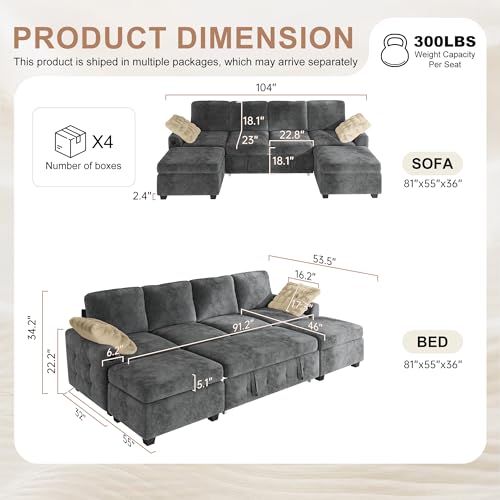 Image of Hanherry 104 inch Sectional Couch with Pull Out Sofa Bed,Chenille Sleeper Sofa with Storage Ottoman & USB Charging,Comfy U Shaped Modular Couches for Living Room,Apartment