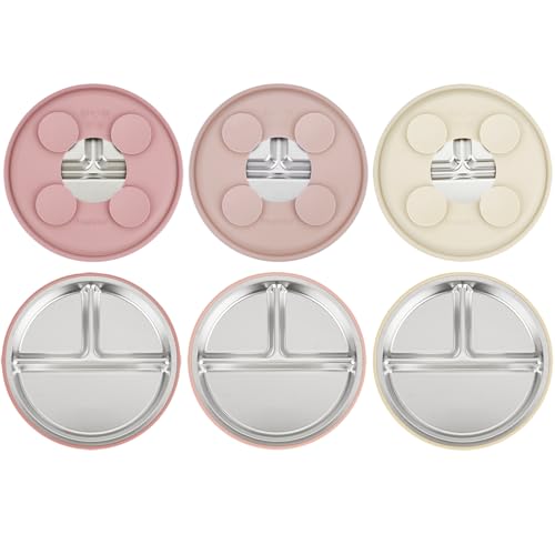 Image of PandaEar 3 Pack Stainless Steel Baby Suction Plates, Divided Toddler Plate for Baby Led Weaning Supplies, Non-Slip Toddler Baby Feeding Set Dishwasher Safe (Pink/Linen/Light Pink)