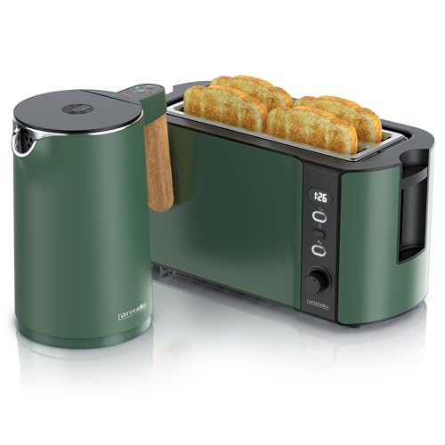 Arendo - Küchen Set - Edelstahl Wasserkocher mit Temperatureinstellung - Edelstahl Toaster Langschlitz 4 Scheiben – LED Display – Brötchenhalter - GS - grün Arendo - Küchen Set - Edelstahl Wasserkocher mit Temperatureinstellung - Edelstahl Toaster Langschlitz 4 Scheiben – LED Display – Brötchenhalter - GS - grün