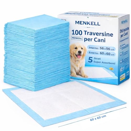 100 Traversine Cani Igieniche 60x60 cm – 5 Strati Super Assorbenti con Gel, Asciugatura Rapida, Senza Perdite, E Inodore per Cuccioli e Cani Anziani, Casa e Auto