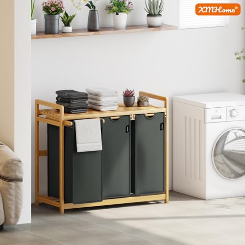 XMHome wäschekorb 3 fächer 148L großer quadratischer Wäschesammler aus Bambus Wäschebox optisch ansprechender Wäschesortierer in 77.5X41.3X77.5 CM Dunkelgrau