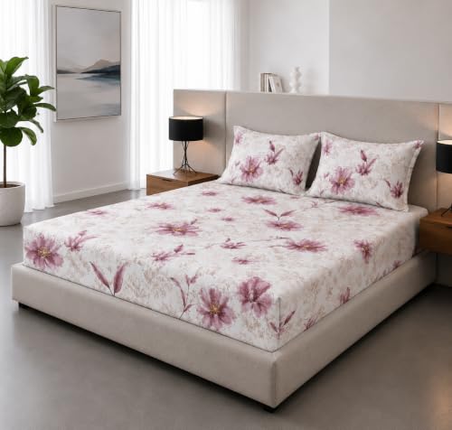 Image of Cotton Feel Glace Cotton Elastic Fitted Bedsheet Queen Size || Includes 1 Double Bed Elastic Bedsheet Queen Size with 2 Pillow Covers (60 inch x 78 inch Inches, BlissRose)