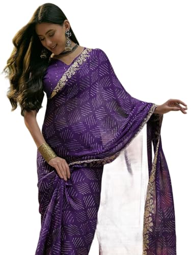 Image of SIRIL Women's Chiffon Scalloped Border Sequins Embroidery Saree with Unstitched Blouse Piece