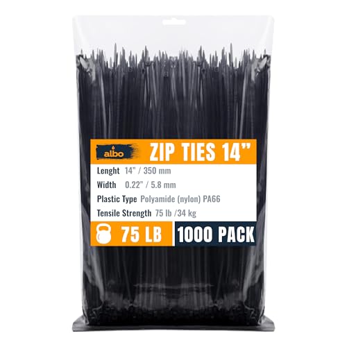 ALBO Black Zip Ties 14 Inch Plastic Cable Ties 1000 Pack Tie Wraps Heavy Duty 75lb UV Resistant Nylon Wire Ties