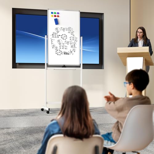 Image of Large Rolling Whiteboard on Wheels, 40 inch x 24 inch Double-Sided Mobile White Board with Stand, Portable Standing Magnetic Dry Erase Board Easel for Home Office Classroom School, Silver