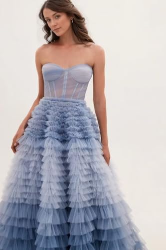 Women's Tulle Prom Dresses Sweet 16 Ball Gown Strapless Ruched Bodice Tiered Evening Dress with Gradient Color Ruffles3