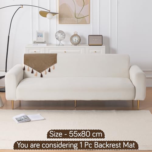 Image of HOKIPO Premium Holland Velvet Sofa Backrest Cover with Tassels - 'TasselTone Series', Warm Taupe (IN-1103-BRN)