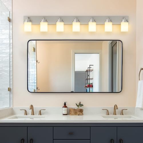 Image of IZORRO Bathroom Vanity Light Fixture, 7-Light 52 inch Brushed Nickel Bathroom Light Fixtures Over Mirror, with White Glass Shade, Modern Farmhouse Vanity Lights, Rustic Restroom Lighting Fixtures