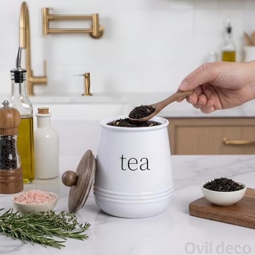 Image of Stylish Airtight Container for Kitchen, Tea Storage White, Metal with Wooden Lid & Spoon, 1000ml, Canister for Kitchen Counter top | Food-Safe Jar Set (Tea)