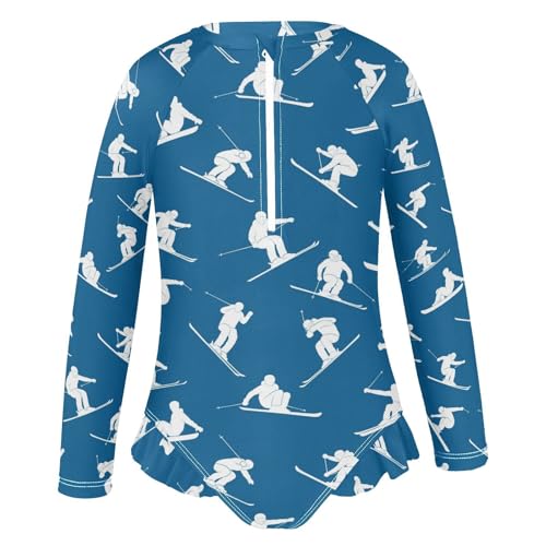 Skiing Blue Background Girls Rash Guard Swimsuits Long Sleeve One Pieces Bathing Suit UPF 50+ Zipper Swimwear2
