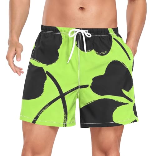 Traje de baño para hombre negro con flores verdes fluorescentes de secado rápido