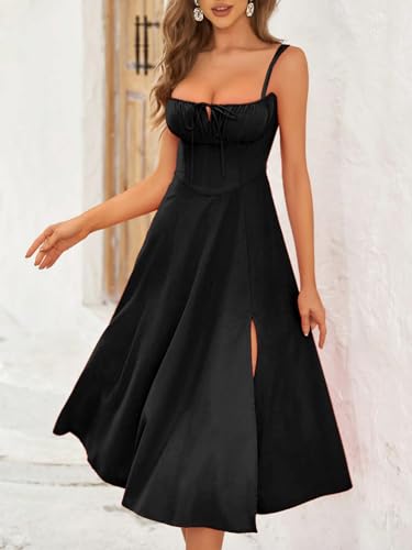 Image of Aahwan Women Fit and Flare Red Solid Lace Up Backless Ruched Boning Spaghetti Strap Slim Fit Long Cami Dress