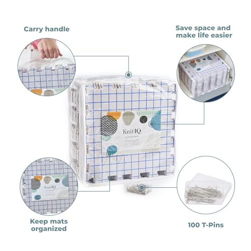 Blocking Mats for Knitting - KnitIQ Extra Thick Blocking Boards for Crochet Projects with Gridlines - 100 T-Pins and Storage Bag Included for Knitting Supplies - Standard Mat Set - Pack of 9