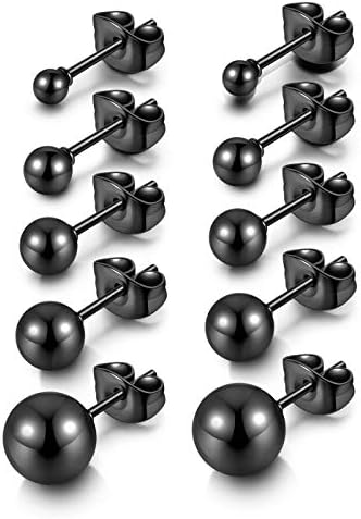 JSDDE Round Ball Stud Earrings Stainless Steel Cartilage Hypoallergenic Studs Earrings for Women Men 3mm-8mm 5 Pairs