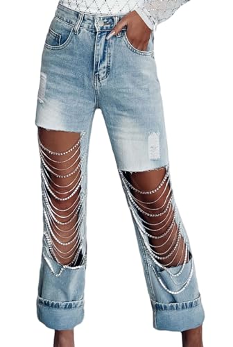CHARTOU Women Ripped Jeans Straight Leg Denim Pants Cut Out Distressed Chain Rhinestone Jeans with Holes Y2k