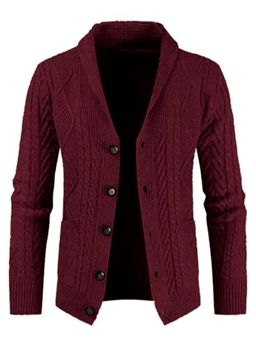 JMIERR Mens Cardigan Sweater Fall Casual Long Sleeve Shawl Collar Button-UP Wool Blend Cable Knit Essentials Fisherman Sweaters with Pockets,M,D Red
