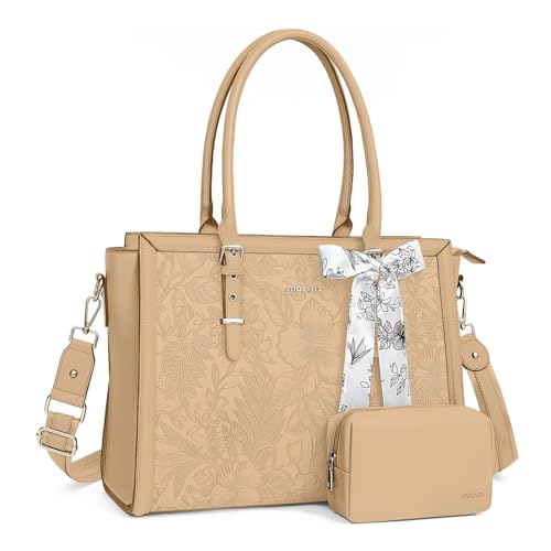 Image of MOSISO Laptop Bag for Women, PU Leather Tote Bag, Front Embossed Retro Hibiscus Computer Bags with Silk Scarf&Clutch Purse
