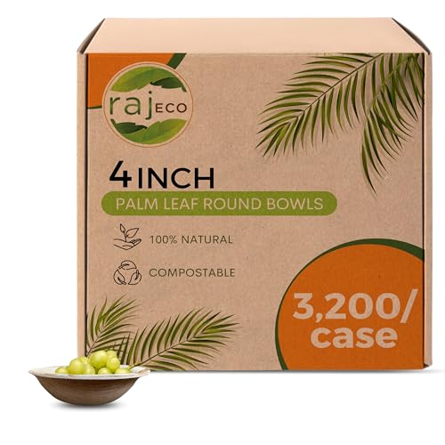 Raj Palm Leaf Bulk Bowls [200-Pack] 4" Round Bowls (16 CASES - 3200 PACK) like Bamboo bowls Disposable, Strong, Decorative Compostable Tableware for weddings, Camping, Outdoor