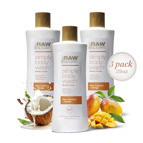 RAW SUGAR Simply Body Wash, Raw Coconut + Mango, 25oz, 3 bottles