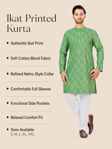 Image of Studio Shringaar Men's Cotton Blend Relaxed Fit Ikat Printed Knee Length Kurta