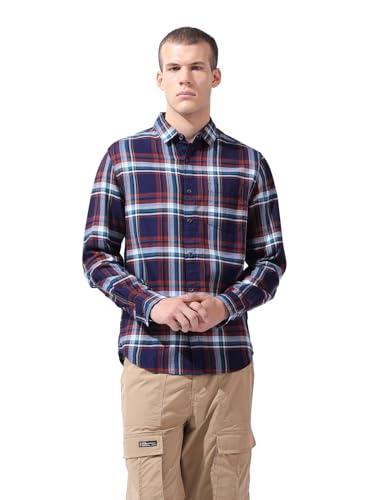 Chemise décontractée à carreaux bleu marine avec col court et finitions soignées S