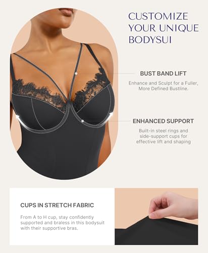 SHAPELLX Women's Shapewear Bodysuit Tummy Control Body Shaper Lace Sculpting Snatched Waist Body Suit V Neck Thong Bodysuit4
