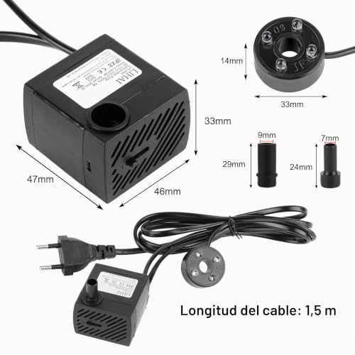 Miniatura 6 de Forever Speed Mini Bomba De Agua Para Acuario 5 W, Sumergible Para Acuario, Con 4 Luces Led Multicolor, Bomba Ajustable Para Pozos, Jardines De Piedras, Altura De Extracción Máxima 0,85 M, 350 L H