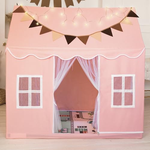 Kids Play Tent - Large Kids Tent Indoor with Mat, Star Lights, Flags and Storage Bag, Toddler Playhouse Two-Sided Opening and 3 Windows, 51