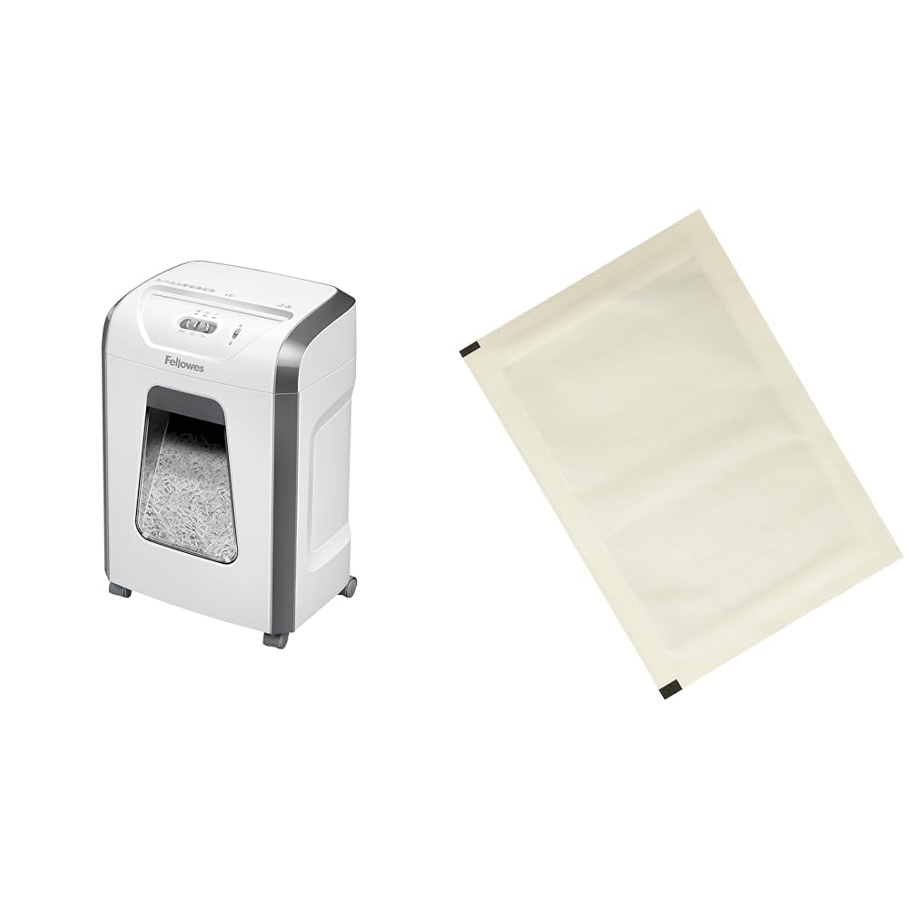 Fellowes Aktenvernichter, Papierschredder für 12 Blatt Partikelschnitt & Amazon Basics - Schmiermittelblätter für Aktenvernichter, 12er-Pack Automatisch, Mikroschnitt, Weiß