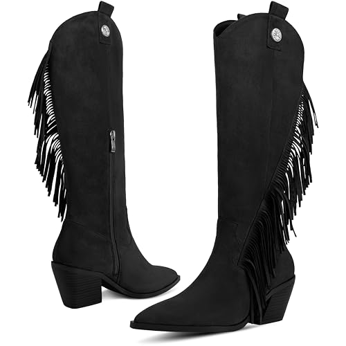 Fringe Cowboy Boots For Women Knee High Boots Chunky Heel Pointed Toe Western Boot Faux Suede Cowgirl Boots For Dressing Vacations Parties Gatherings3