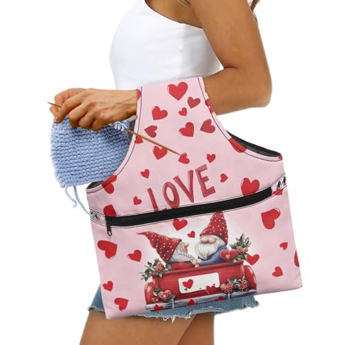Image of KUIFORTI Love Heart Yarn Bag Crochet Tote Bag Gnome Yarn Storage Organizer Valentines Day Travel Wrist Tote Comfortable for Crocheting Lightweight for Knitting Accessories Gifts