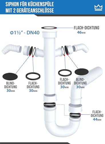 FEINER® | 5-teilig | 1 1/2 Zoll - Dichtungen für Siphon Küche | Dichtungen Siphon für 40mm handelsübliche Küchenspüle Siphon | Geräteanschlussdichtung | Siphon Dichtungssatz.