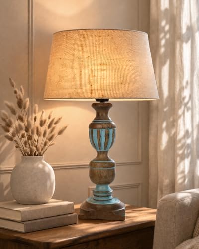 Homesake® Signature Rustic Incandescent Table Lamp with Jute Drum Shade, Farmhouse Living Room Bedroom House Bedside Nightstand Home Office Reading Light, (Blue French Trophy)