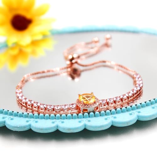 Image of Rose Plated Gold Brass Box Chain Cubic Zirconia Classic Tennis Slider Adjustable Bracelet, Round Big Zircon Charm Give Woman Mom Mother's Day Fashion Crystal Gift