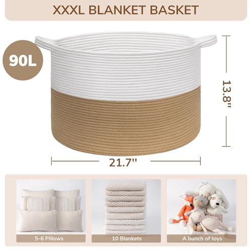 Image of INDRESSME XXXLarge Jute Rope Basket 21.7 inch x 21.7 inch x 13.8 inch Woven Baby Laundry Baskets for Blankets Toys Storage Basket with Handle Comforter Cushions Storage Bins Thread Laundry Hamper