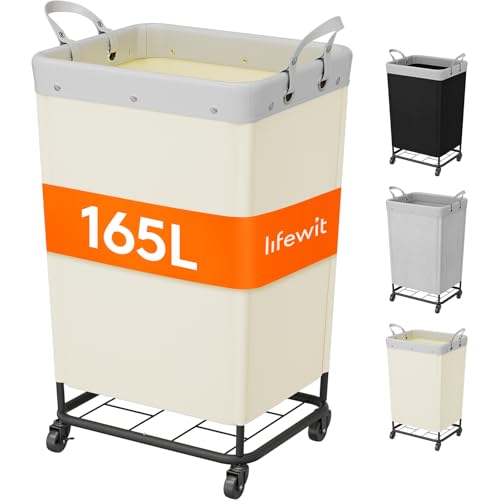 Lifewit 165L Laundry Basket with Wheels, Large Heavy Duty Commercial Rolling Laundry Hamper with Handles, Tall Steel Frame Laundry Cart for Laundry Room Bedroom Hotel Home Dorm, White