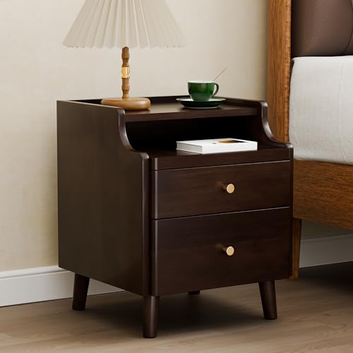 Image of Nightstand with Drawers, Pre-Assembled, 19.7 inch H Natural Solid Wood Night Stand with Open Sliding Shelf, Mid Century Modern Small Bedside Table Cabinet for Bedroom, Black Walnut 16 inch