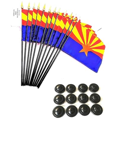 Made in the USA – Box of 12 Arizona 4x6 Inch Miniature Desk & Table Flags with Stands – Set of 12 Arizona State Small Mini Stick Flags – American‑Made Polyester Mini Flags for Displays and Events