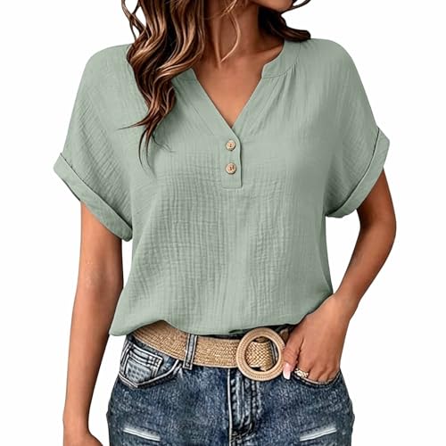 Musselin Bluse Damen Kurzarm Leinenbluse Frauen Sommer Leinen Shirt Hemd Sommerblusen Knopf Tunika Tops Casual Tshirts Oberteile Longbluse Teenager Mädchen Hemdbluse Blusenshirt S-5XL